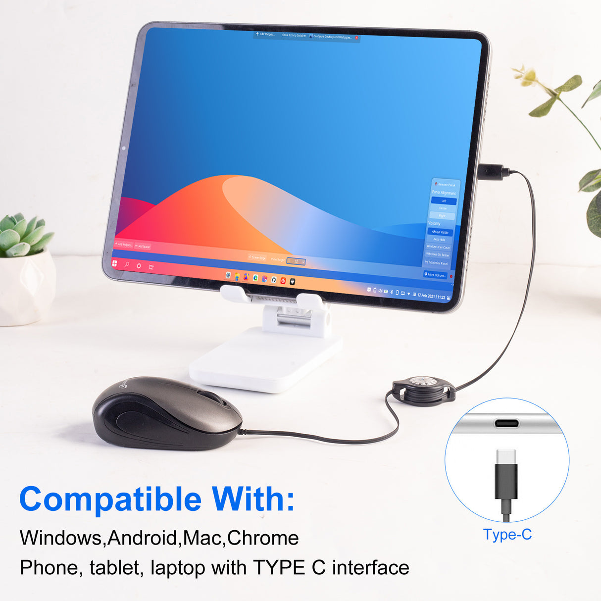 Grey and Black Portable Mini USB-C Mouse with Retractable Cable - Silent Click Travel Mouse for Laptop, MacBook, Tablet