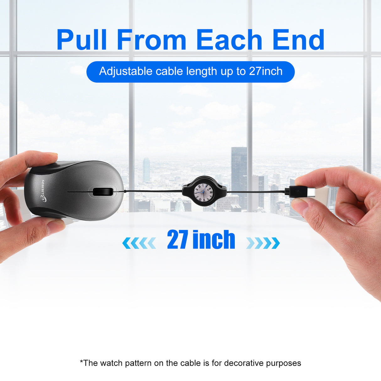 Blue and Black Portable Mini USB-C Mouse with Retractable Cable - Silent Click Travel Mouse for Laptop, MacBook, Tablet