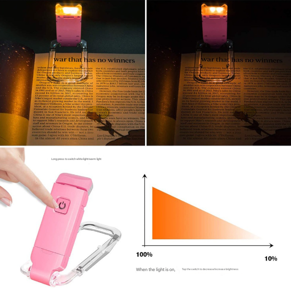 2 Pcs White USB Rechargeable Clip-on LED Book Light - 3 Color Modes & Dimmable Brightness for Eye-Caring Reading