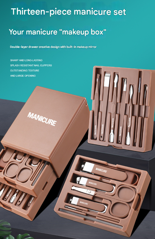 Yellow Premium 13-in-1 Manicure & Grooming Kit - Professional Carbon Steel Pedicure Set with Dual-Drawer Case & Mirror