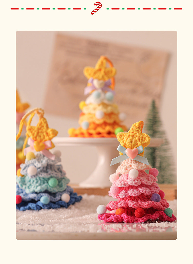 2 Pcs Style A Yellow and Pink Handmade Crochet Christmas Tree Ornament - Festive Hanging Decoration with Jingle Bell