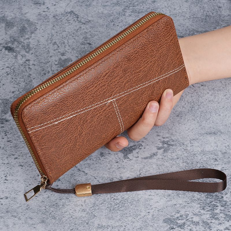 Brown Men's Long Zipper Wallet Clutch - PU Leather Wristlet with Phone and Card Slots