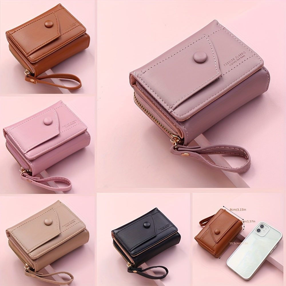 Black Chic Compact Trifold Wallet for Women - PU Leather Card Holder with Zipper Coin Purse & Wristlet Strap