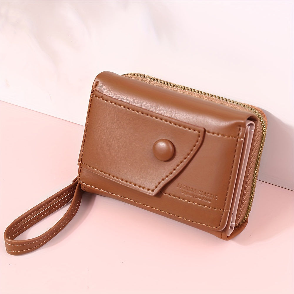 Khaki Chic Compact Trifold Wallet for Women - PU Leather Card Holder with Zipper Coin Purse & Wristlet Strap