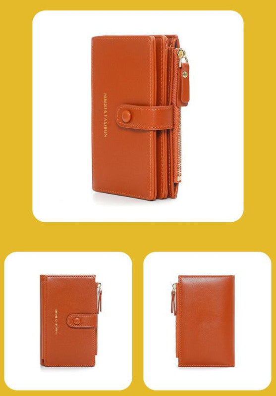 Dark Red Compact Bifold Wallet for Women - High Capacity PU Leather Purse with Zipper Coin Pocket