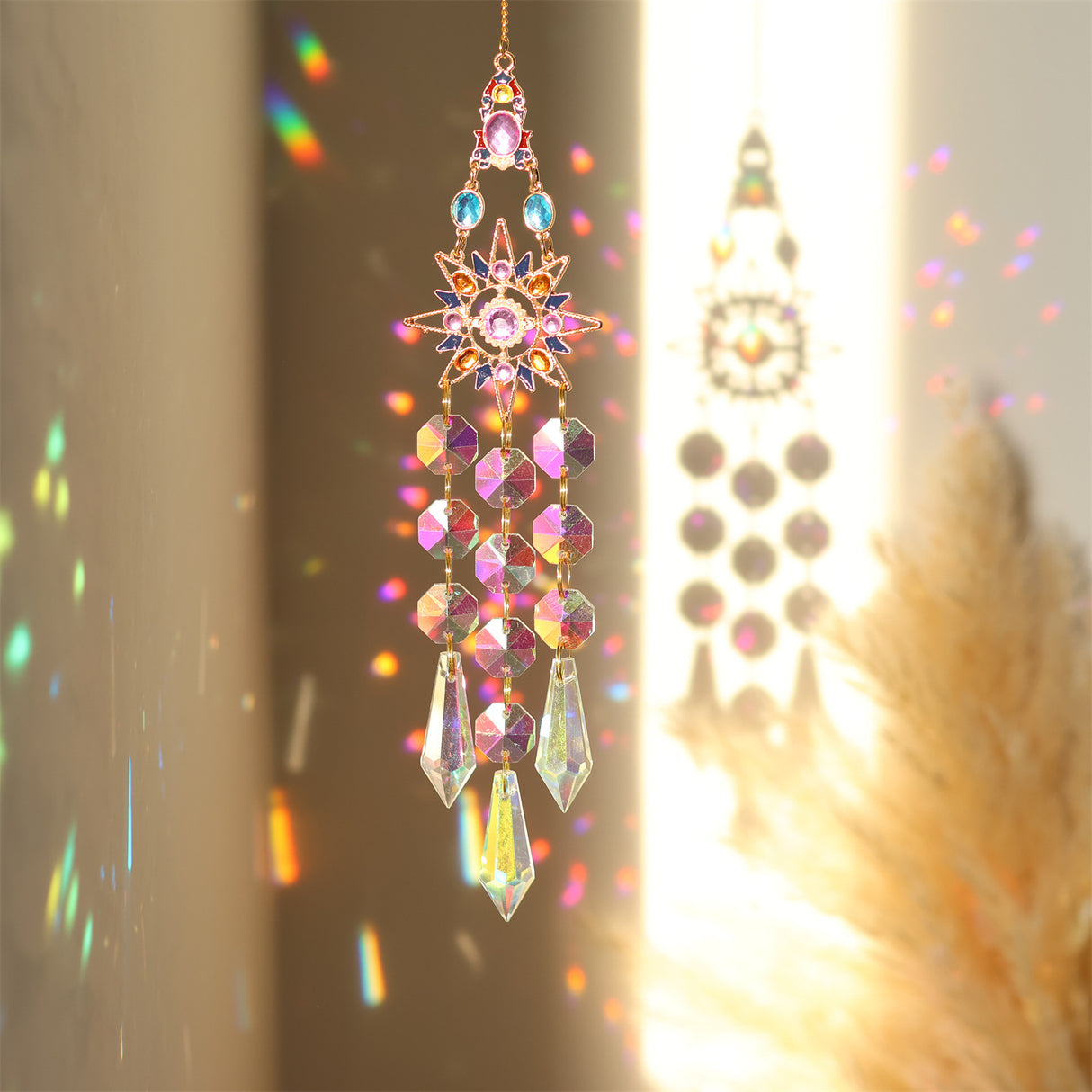Colorful Dazzling Celestial Crystal Suncatcher - Moon Shape Rainbow Maker Window Hanging Ornament