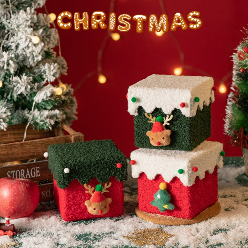 Red and White Luxe Plush Christmas Gift Box - Decorative Holiday Treat Box with Snowy Trim