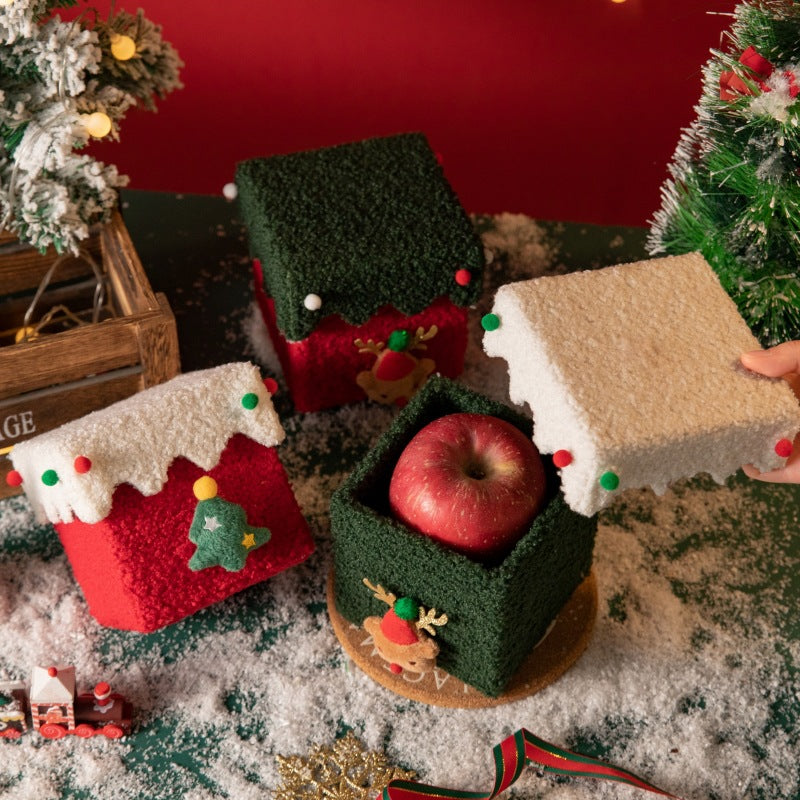 Red and White Luxe Plush Christmas Gift Box - Decorative Holiday Treat Box with Snowy Trim