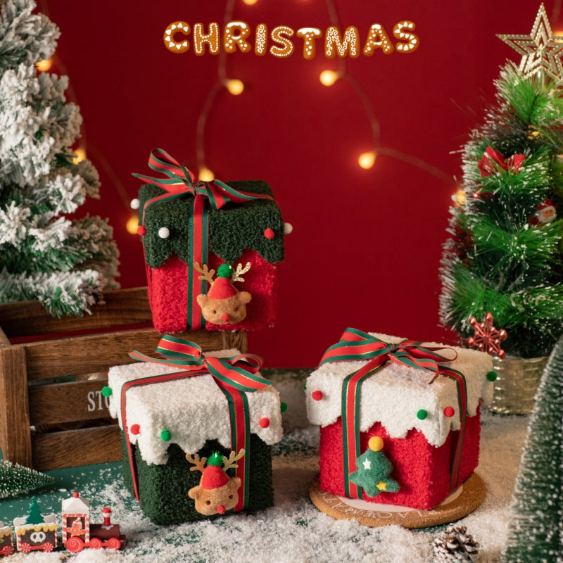 White and Green Luxe Plush Christmas Gift Box - Decorative Holiday Treat Box with Snowy Trim