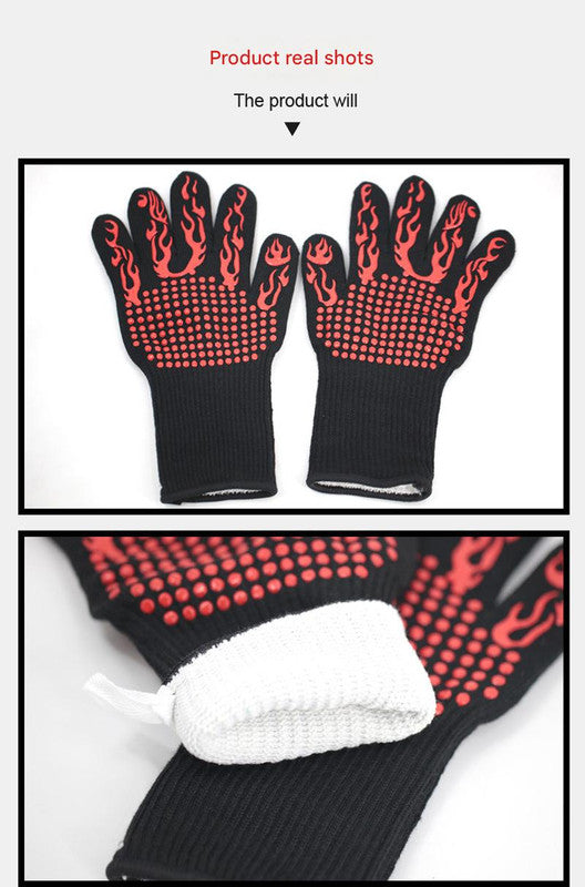 Red Flame Pattern Extreme Heat Resistant BBQ Gloves - 500°C Flame Design Oven Gloves with Non-Slip Silicone Grip
