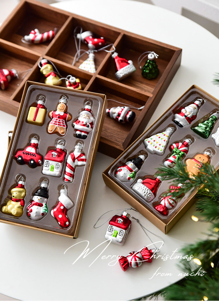 Style B Colorful Whimsical Miniature Glass Christmas Ornament Set - 9pc Retro Holiday Collection