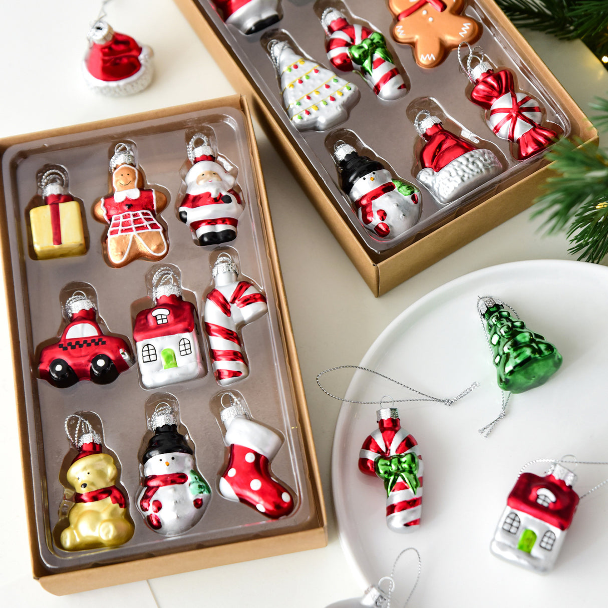 Style B Colorful Whimsical Miniature Glass Christmas Ornament Set - 9pc Retro Holiday Collection