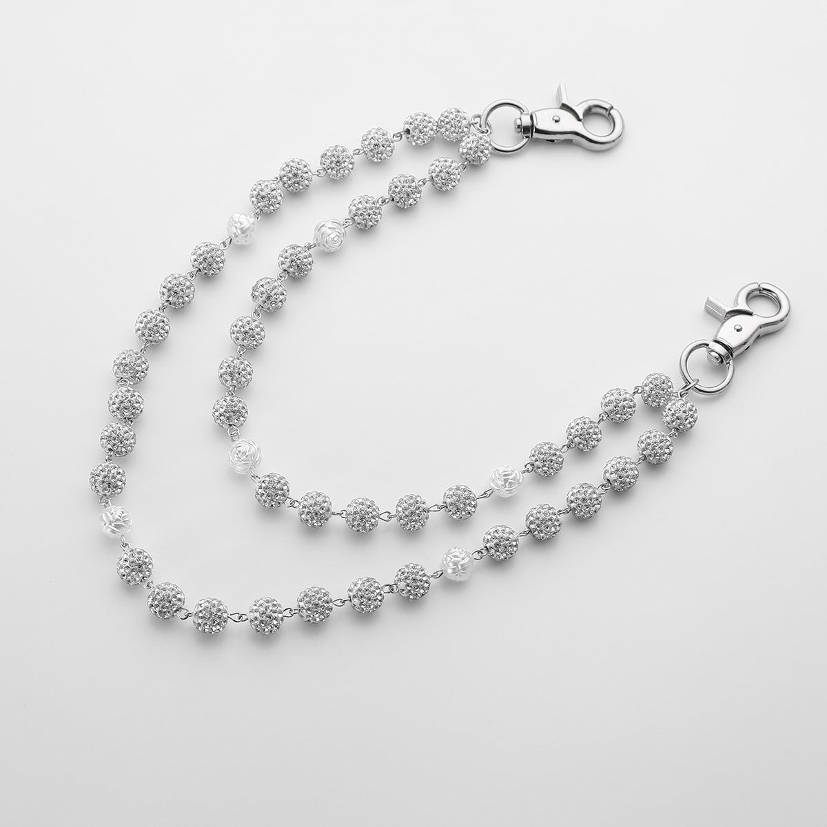 Silver and White Bling Rhinestone Beaded Wallet Chain - Double Layer Hip Hop Trouser Chain Jean Accessory(60g)