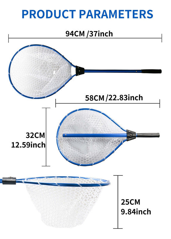 Blue High Strength Large Landing Net - Fishing Net with Long Foldable Handle and Soft Rubber Netting, Dip Net for Fishing, Ideal for Boat, Pier, River Angling