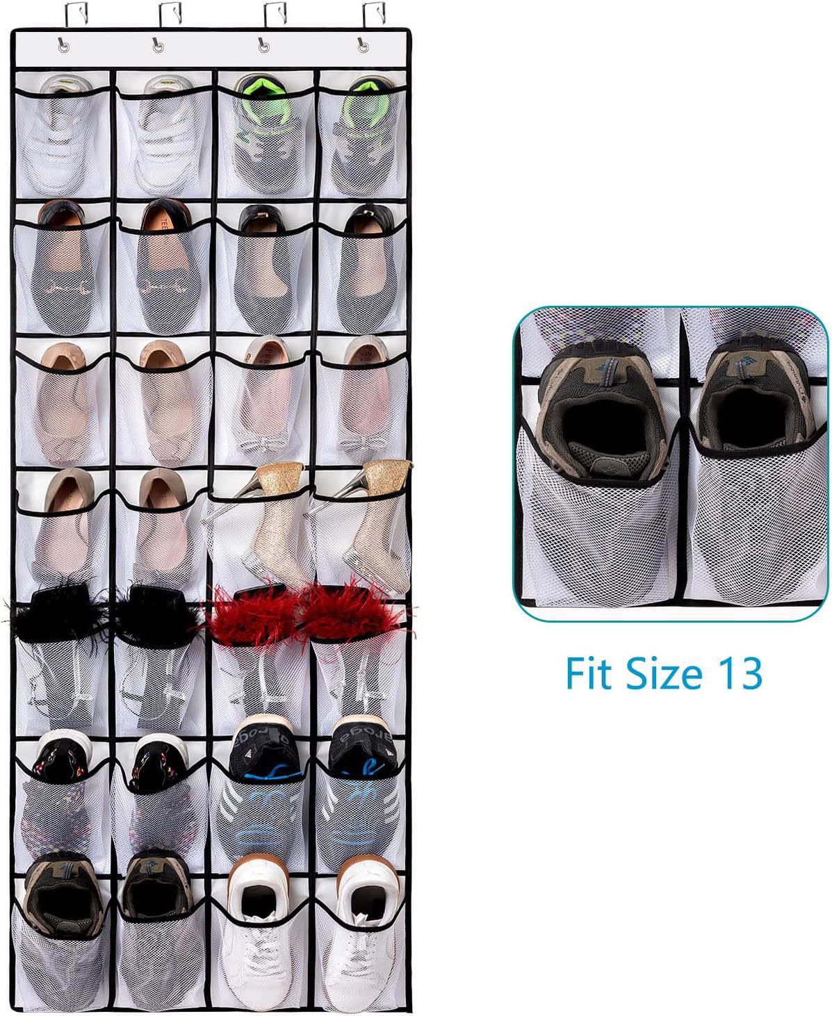 White Over the Door Shoe Organizer with 24 Mesh Pockets - Space Saving Hanging Storage for Shoes, Accessories, Pantry