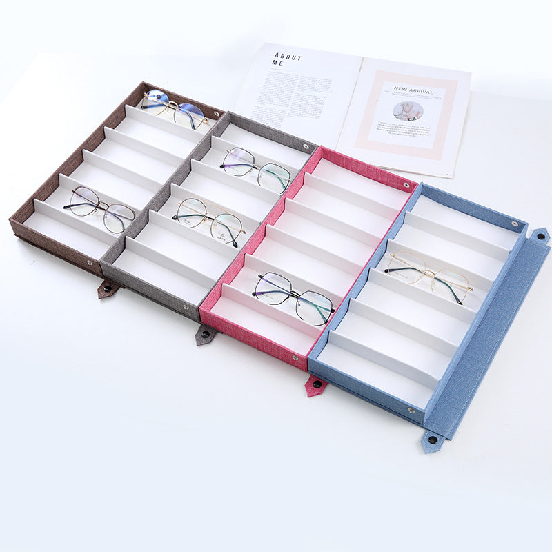 Brown Multi-Compartment Glasses Storage Box Dust-proof Fabric Eyewear Display Organiser with Snap Closure