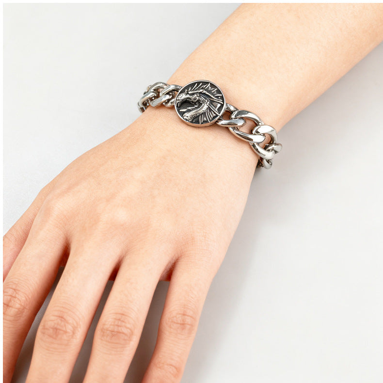 Silver Style 10 Men's Stainless Steel Curb Chain Bracelet - Retro Punk Hip Hop Style with Round Medallion Charm - Durable 26cm Streetwear Jewellery