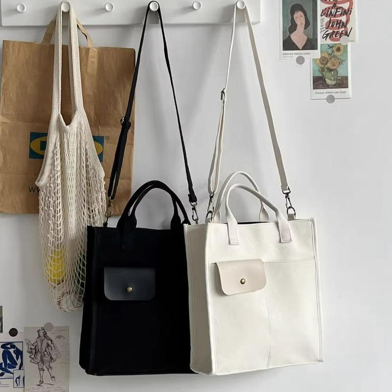 White Unisex Canvas Tote Bag - Structured Vertical Shoulder Satchel with Front Pocket - Lightweight Crossbody for Work, Uni & Daily Commute