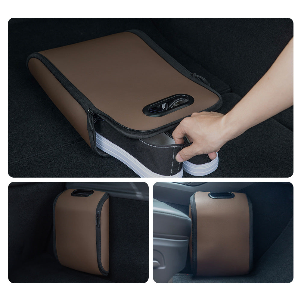 Brown Premium Car Under-Seat Shoe Organiser Box - PVC Leather Storage Case with Anti-Slip Velcro Fixation - Space Saving Vehicle Interior Solution