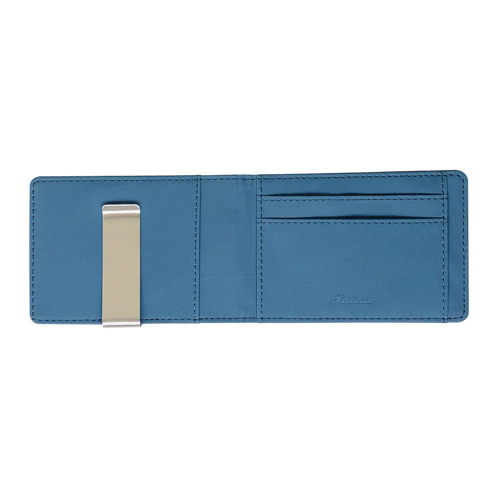 Blue Men's Slim Bifold Money Clip Wallet - Saffiano Texture PU Leather with Stainless Steel Cash Clamp - Minimalist Front Pocket Card Holder