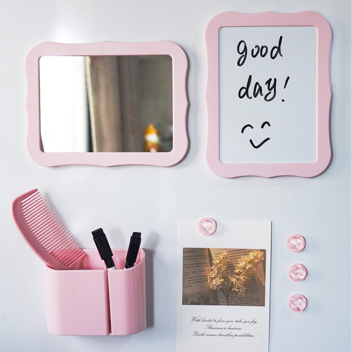 10-Piece Pink Magnetic Locker Organiser Set - Mirror, Whiteboard, Storage Box & Accessories - Back t