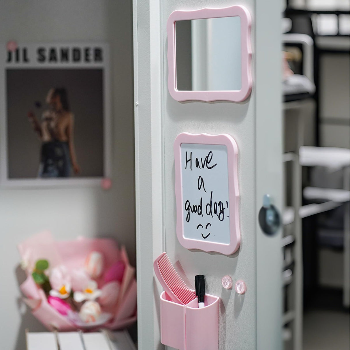 10-Piece Pink Magnetic Locker Organiser Set - Mirror, Whiteboard, Storage Box & Accessories - Back t
