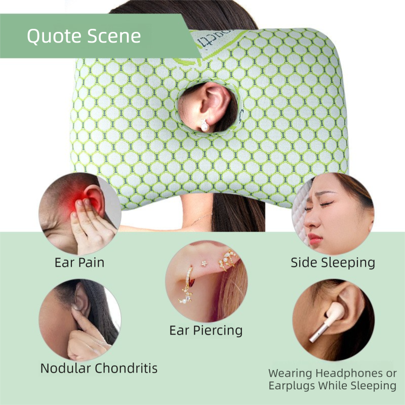Green Ergonomic Ear Pillow with Hole for Side Sleepers - Pressure Relief Cushion for Ear Pain, Piercings & CNH - Washable Cover