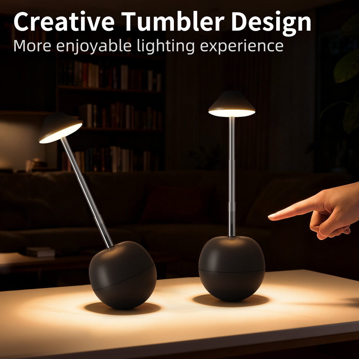 Black Creative Tumbler LED Night Light - Rechargeable RGB Desk Lamp with Remote Control - Height Adjustable, Brightness Adjustable, Bedside Ambient Light
