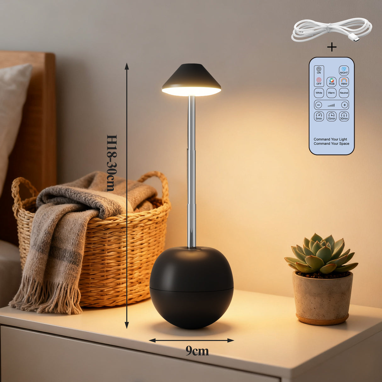 Black Creative Tumbler LED Night Light - Rechargeable RGB Desk Lamp with Remote Control - Height Adjustable, Brightness Adjustable, Bedside Ambient Light