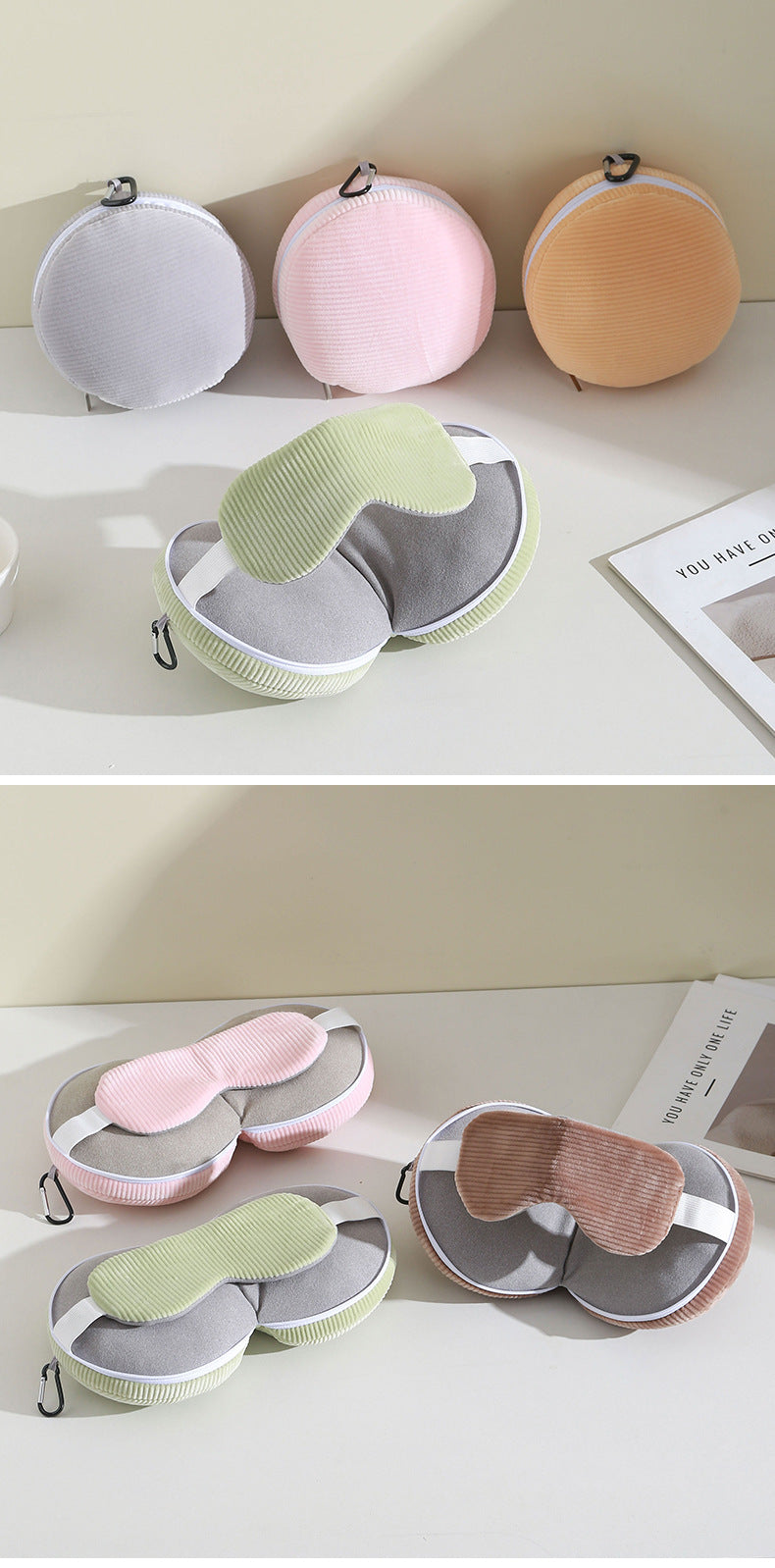 Pink and Grey 3-in-1 Foldable Sleep Eye Mask with Neck Pillow - Compact Travel Pillow for Airplane, Office Naps and Restful Sleep