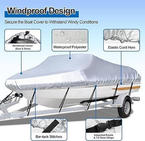 Grey Heavy Duty Waterproof Tarp Covers with Storage Bag, Fits V-Hull, Fish&Ski, Pro-Style, Fishing, Runabout, Bass Boats, 17-19FT(600cm*310cm)