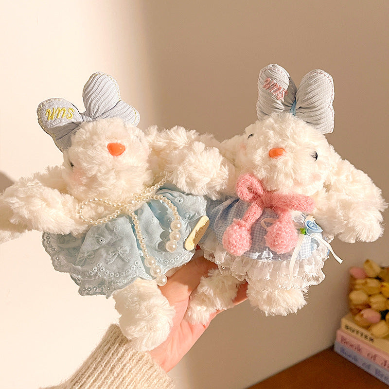 Pink Cute Floppy Eared Bunny Plush Doll with Pearl Necklace and Ribbon Dress - Adorable Keychain or Bag Charm for Girls(F-4975)