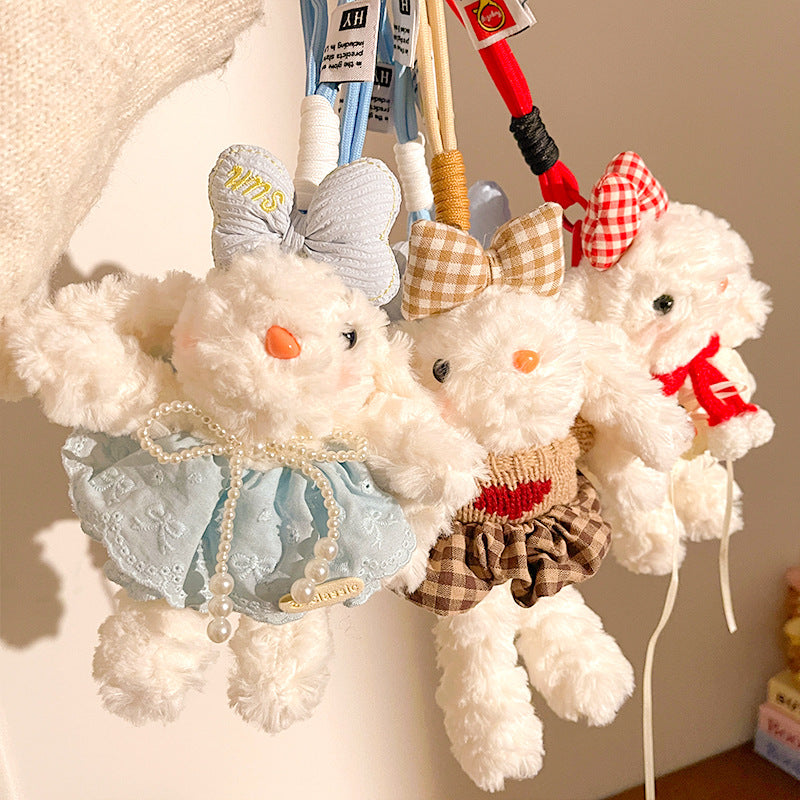 Pink Cute Floppy Eared Bunny Plush Doll with Pearl Necklace and Ribbon Dress - Adorable Keychain or Bag Charm for Girls(F-4975)