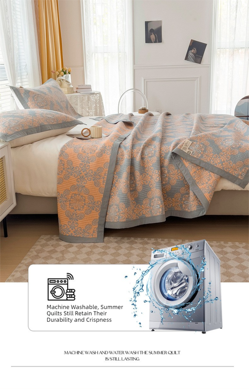 Grey and Orange Cotton Three-Layer Gauze Bed Cover Set - Reversible Vintage Printed Blanket with Two Pillowcases for Year-Round Use(200*230cm)