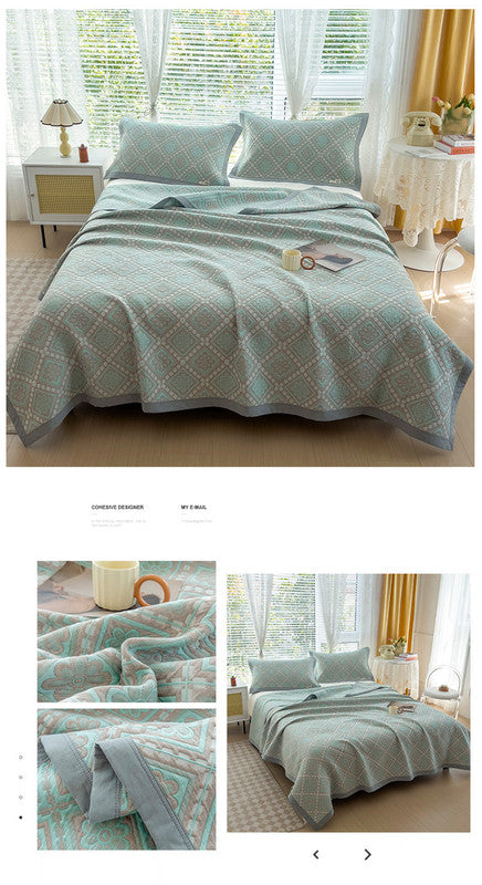 Grey and Green Cotton Three-Layer Gauze Bed Cover Set - Reversible Vintage Printed Blanket with Two Pillowcases for Year-Round Use(120*150cm)