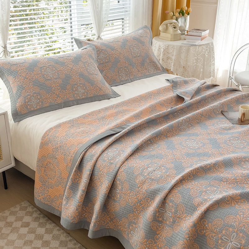 Grey and Green Cotton Three-Layer Gauze Bed Cover Set - Reversible Vintage Printed Blanket with Two Pillowcases for Year-Round Use(200*230cm)