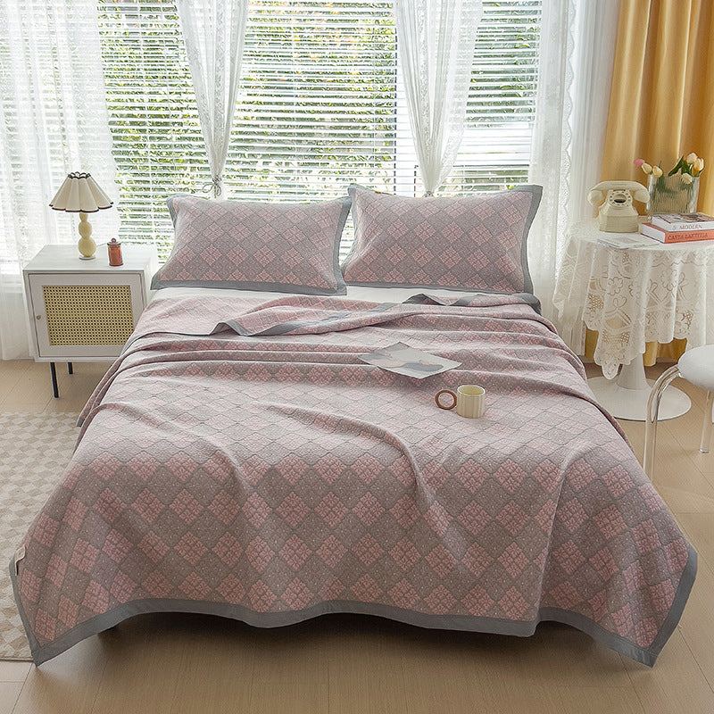 Grey and Pink Cotton Three-Layer Gauze Bed Cover Set - Reversible Vintage Printed Blanket with Two Pillowcases for Year-Round Use(200*230cm)