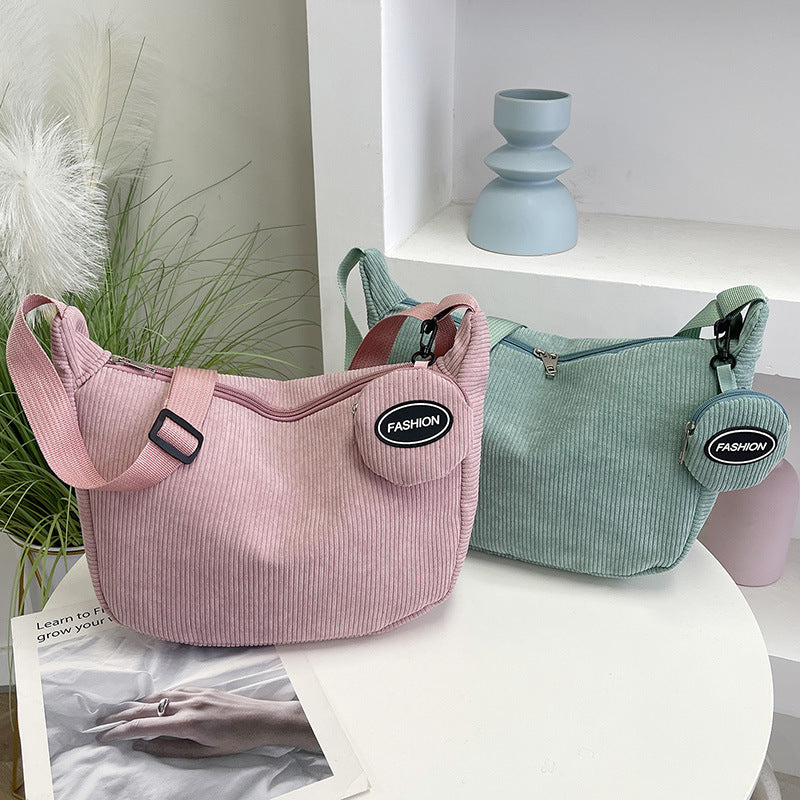Pink Minimalist Corduroy Crossbody Bag – Large Capacity Single Shoulder & Diagonal Sling Bag in Korean Style
