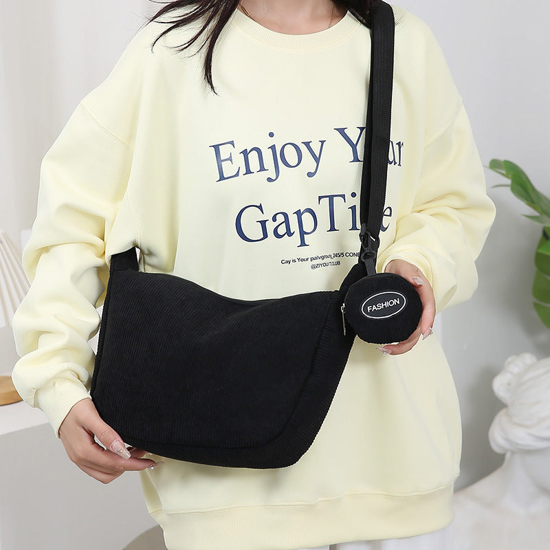 Black Minimalist Corduroy Crossbody Bag – Large Capacity Single Shoulder & Diagonal Sling Bag in Korean Style