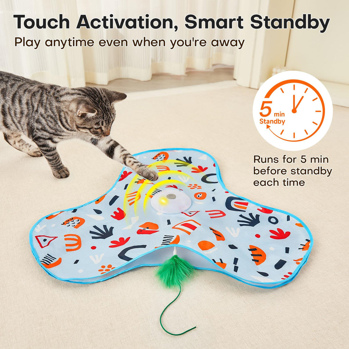Blue Interactive Cat Toys Rechargeable,Moving Concealed Feathers,Real Mouse Squeaky,Touch Activated Cat Kitten Toy Exercise Toys for Indoor Bored Adult Cats