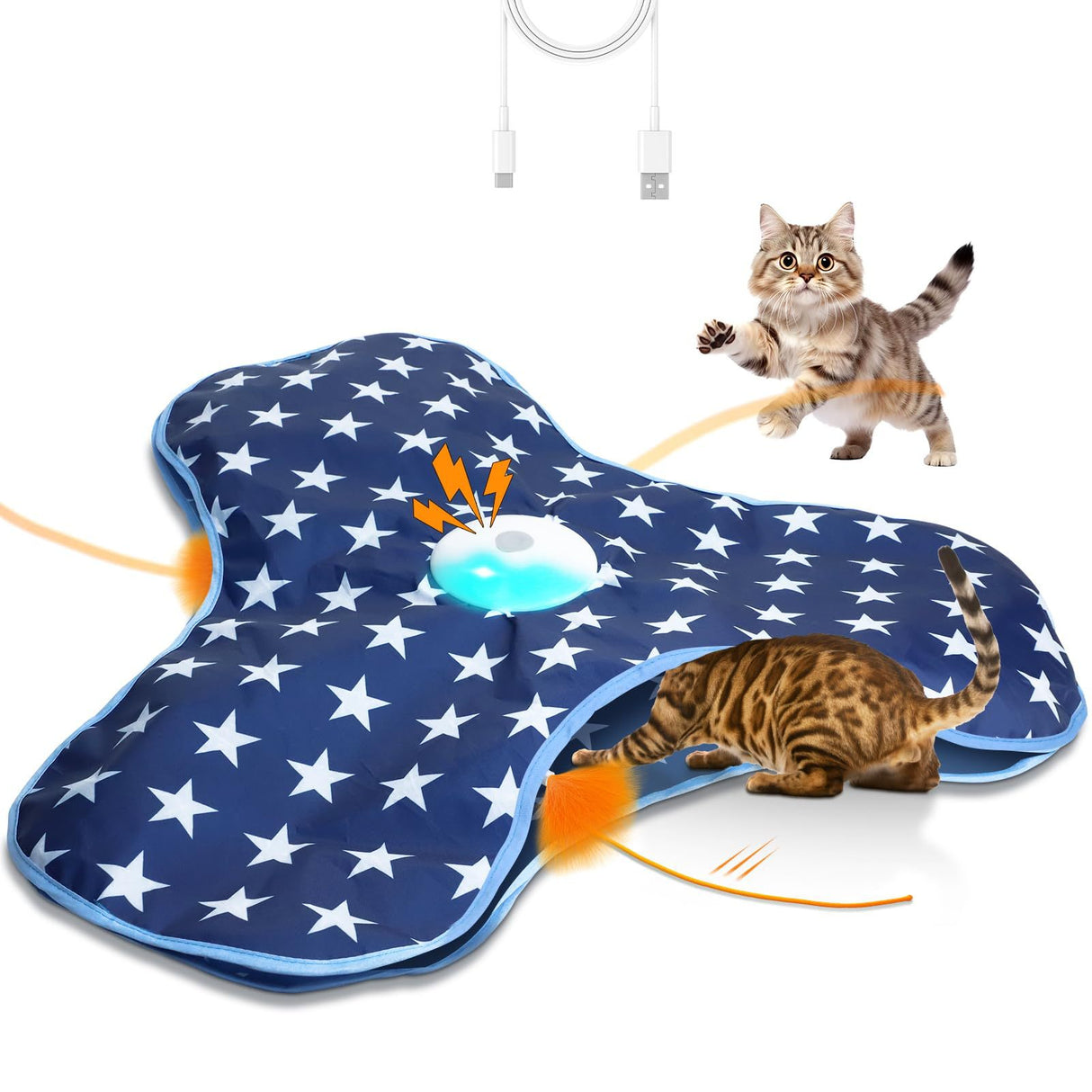 Dark Blue Interactive Cat Toys Rechargeable,Moving Concealed Feathers,Real Mouse Squeaky,Touch Activated Cat Kitten Toy Exercise Toys for Indoor Bored Adult Cats
