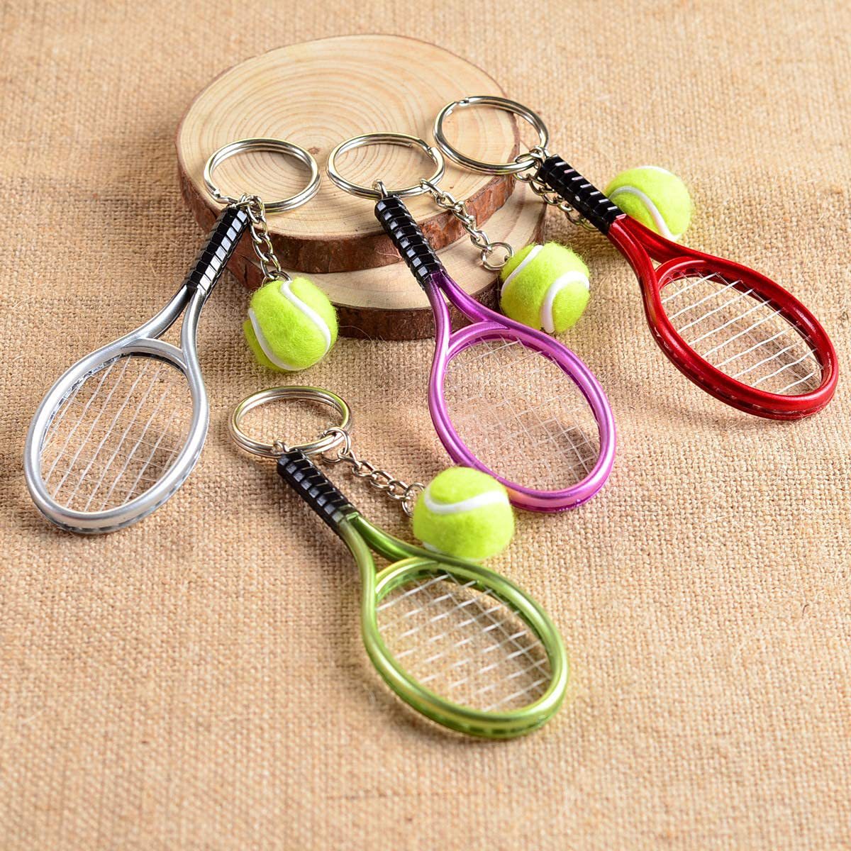 Red Simulation Tennis Racket Keychain – Mini Tennis Racket and Ball Pendant, 3-Pack