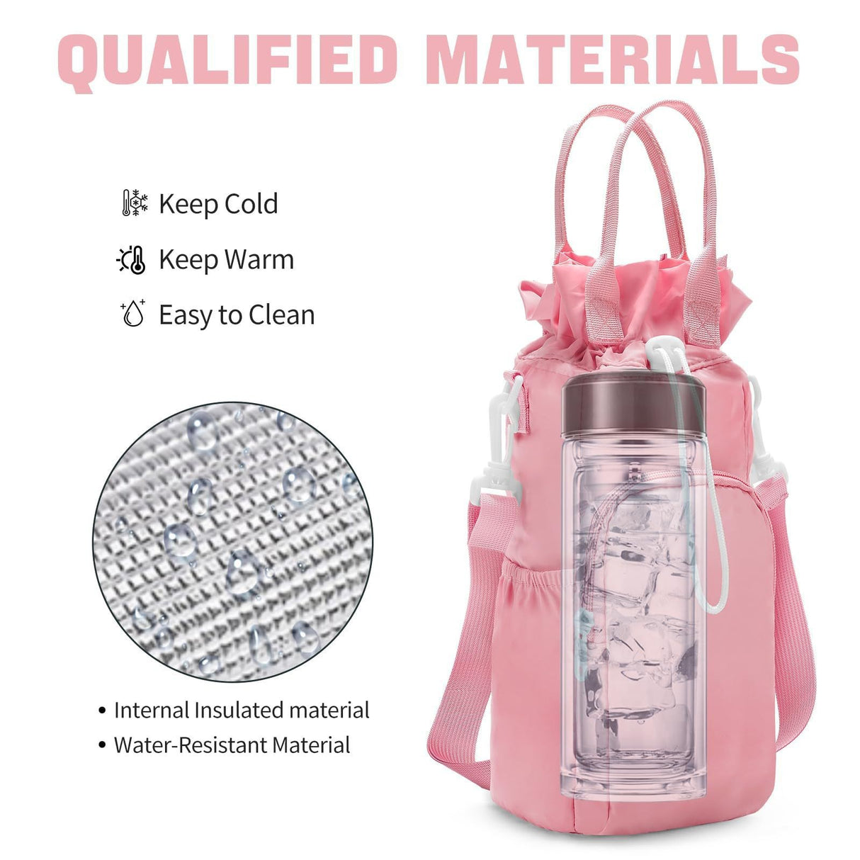 Pink Protective Crossbody Water Bottle Holder with Pockets, Fits 40oz Stanley Tumbler