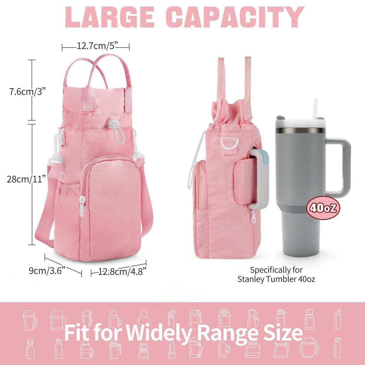 Black Protective Crossbody Water Bottle Holder with Pockets, Fits 40oz Stanley Tumbler