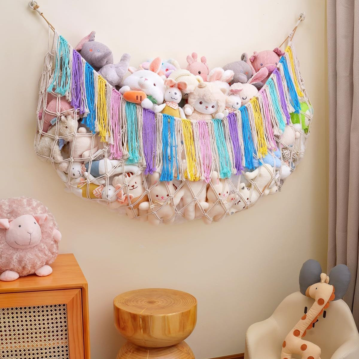 Purple Hand-Woven Cotton Rope Plush Toy Hammock - Wall Organizer with Tassels, Decorative Toy Net (150 x 40cm)