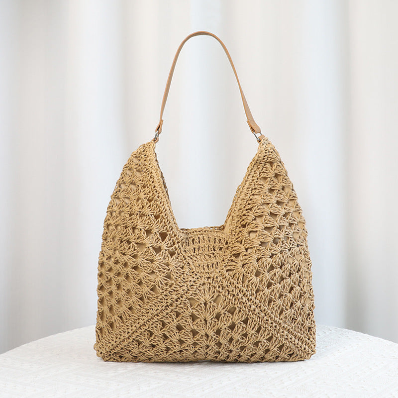 Khaki Stylish Woven Shoulder Bag - Fashionable Versatile Handbag & Crossbody Straw Beach Tote (39x27x39 cm)