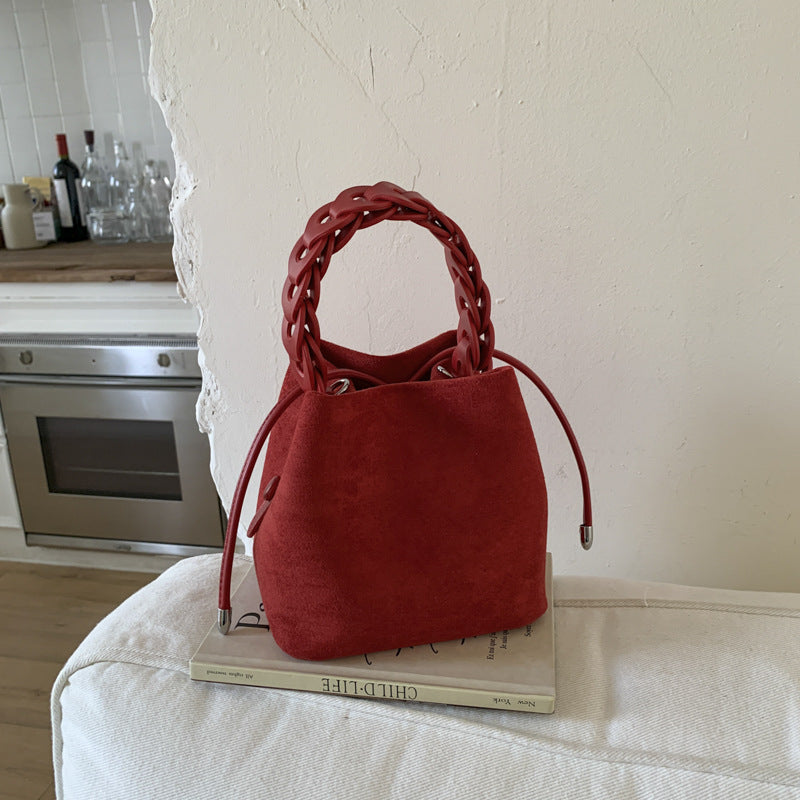 Red Retro Maillard Brown Mini Bag - 2025 New Casual Versatile Women's Crossbody & Exquisite Braided Handle Bucket Bag (15x12x14 cm)