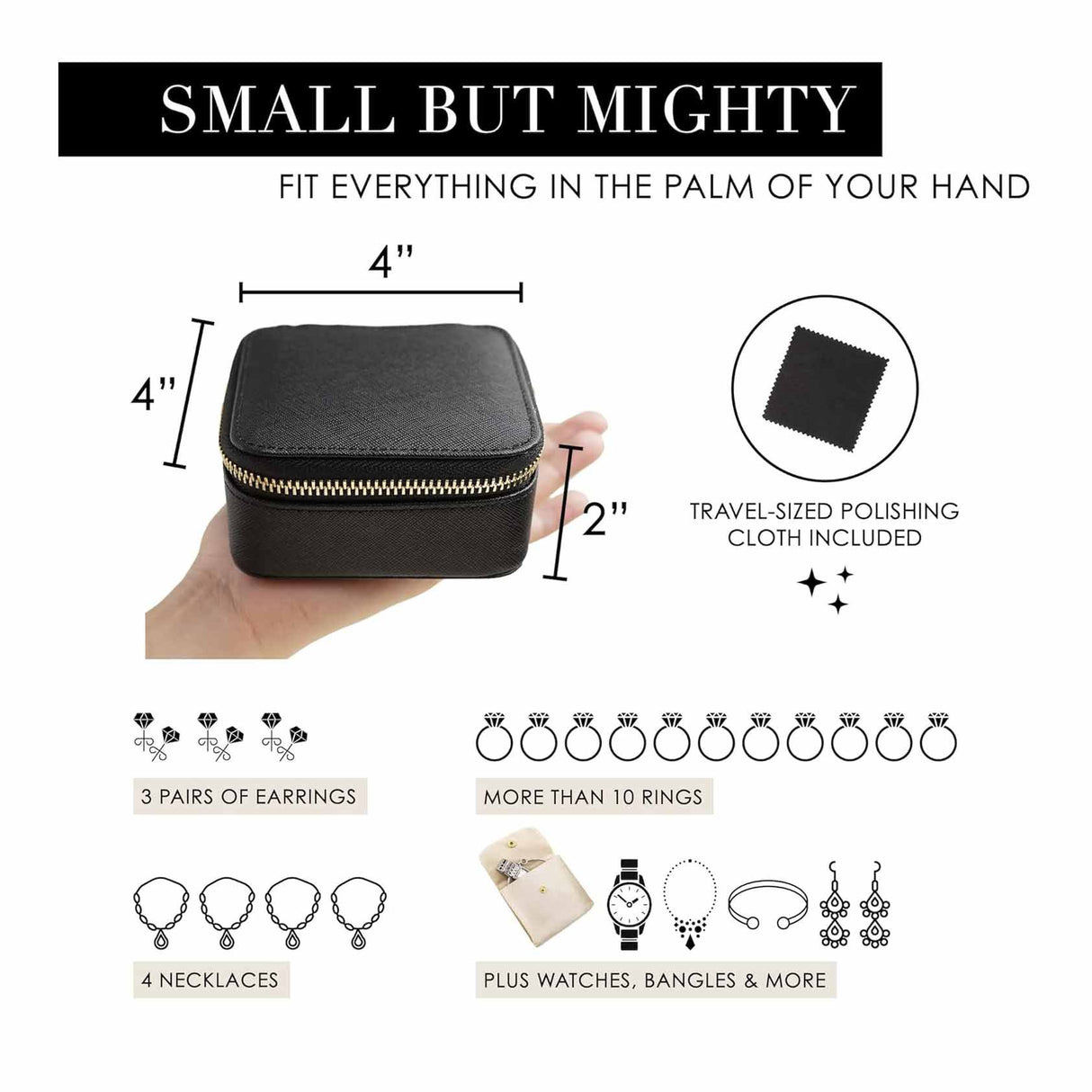 Brown "Small But Mighty" Leather Jewelry Box - Portable Organizer for Earrings, Necklaces, Rings & More (4x4x2 inches)