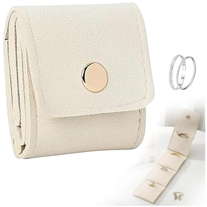 Beige Portable Mini Jewelry Pouch Soft Velvet Travel Organizer for Rings and Earrings Compact Snap Button Storage Bag Ideal for Daily Use