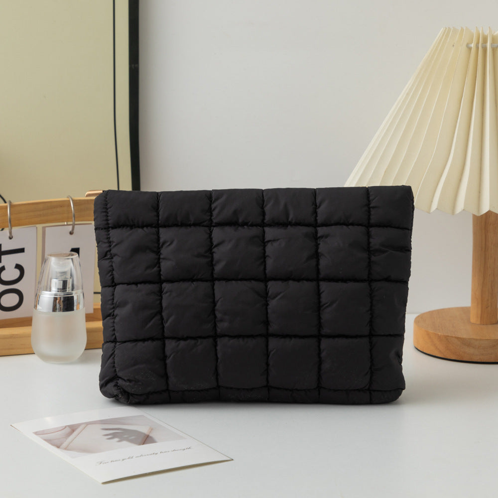 Black 2 Pack Quilted Puffer Clutch Bag Set Checkered Makeup Pouch Women Fashion Cosmetic Organiser for Travel and Daily Use